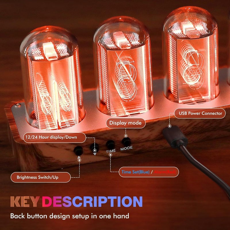 ClocTeck Nixie Tube Clock with Wi-Fi SYNC, Alarm & Timer, 12/24H Display, No Assembly Required - A Retro Gift for Friends (Wood Grain) - Image 5