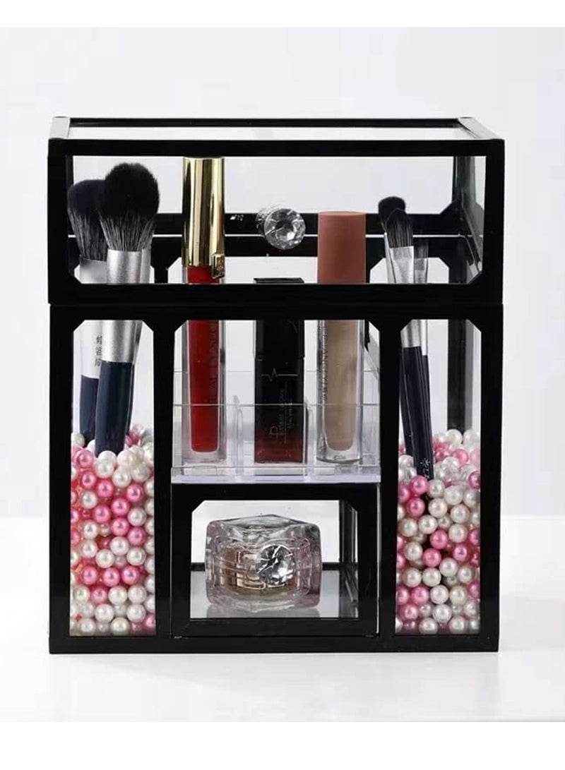 LIMOS Makeup Organizer Box Brush Holder Glass Storage Cosmetic for Jewelry Decoration(Black) - Image 1