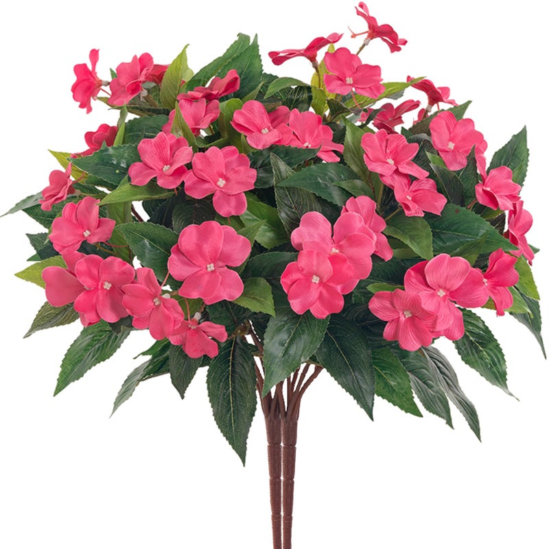 Uqueeten Artificial Impatiens Bouquet Flowers for Outdoors Silk Faux Flowers for Outdoor Impatiens Plants Decor Indoor Planters Kitchen Planters and Balcony Decorations 2PCSRose Red