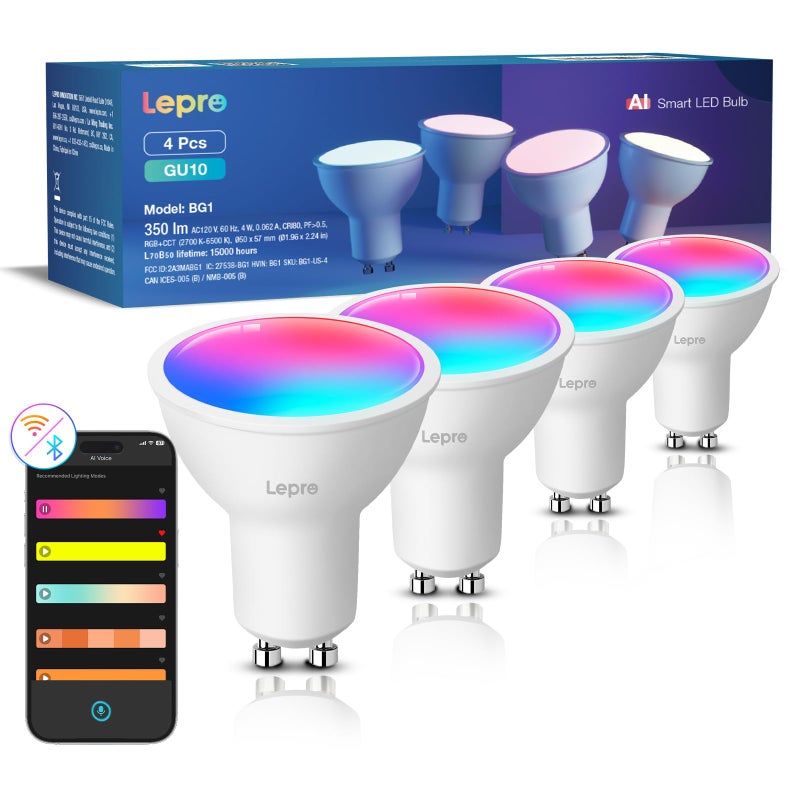 Lepro BG1 AI GU10 Smart Bulb - RGBCW Dimmable Color Changing LED Bulbs Works with Alexa & Google Assistant, Personalized Al Lighting Designer, Voice Control via App, Music Sync, 2.4G WiFi Only, 4 Pack - Image 1