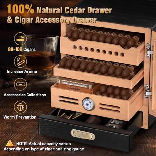 COOL KNIGHT Cigar Humidor Cabinet, Cigar Cabinet Humidor with Spanish Cedar Wood Drawer, Precision Hygrometer, 2 Humidifiers and Cigar Accessories Drawer, Christmas for Cigar Lovers - Image 3
