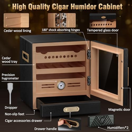 COOL KNIGHT Cigar Humidor Cabinet, Cigar Cabinet Humidor with Spanish Cedar Wood Drawer, Precision Hygrometer, 2 Humidifiers and Cigar Accessories Drawer, Christmas for Cigar Lovers - Image 2