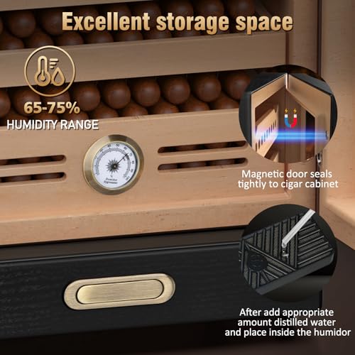 COOL KNIGHT Cigar Humidor Cabinet, Cigar Cabinet Humidor with Spanish Cedar Wood Drawer, Precision Hygrometer, 2 Humidifiers and Cigar Accessories Drawer, Christmas for Cigar Lovers - Image 4