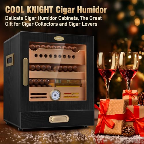 COOL KNIGHT Cigar Humidor Cabinet, Cigar Cabinet Humidor with Spanish Cedar Wood Drawer, Precision Hygrometer, 2 Humidifiers and Cigar Accessories Drawer, Christmas for Cigar Lovers - Image 5