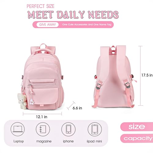 PRLINJSK Girls Backpack for College High Middle School Student, Cute Aesthetic Bookbag for Teens Women with Accessories,Pink - Image 3
