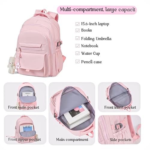 PRLINJSK Girls Backpack for College High Middle School Student, Cute Aesthetic Bookbag for Teens Women with Accessories,Pink - Image 4