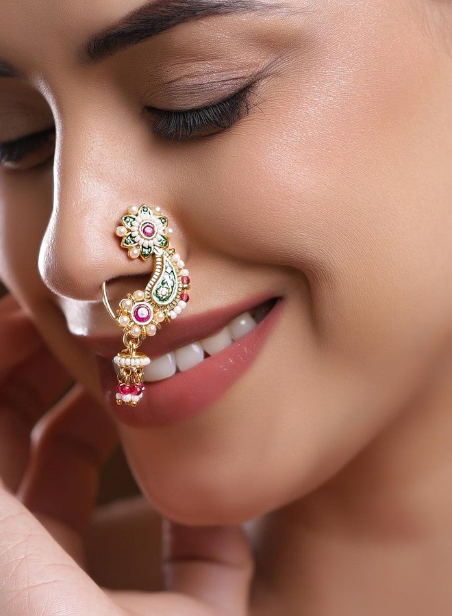 Rubans 18K Gold-Plated Floral Enamelled Green & Ruby Pink Stone Studded Nath Nose Pin with Pearl Detailing Perfect for Bridal & Traditional Looks - Image 2