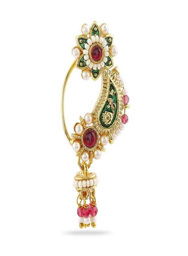 Rubans 18K Gold-Plated Floral Enamelled Green & Ruby Pink Stone Studded Nath Nose Pin with Pearl Detailing Perfect for Bridal & Traditional Looks - Image 1