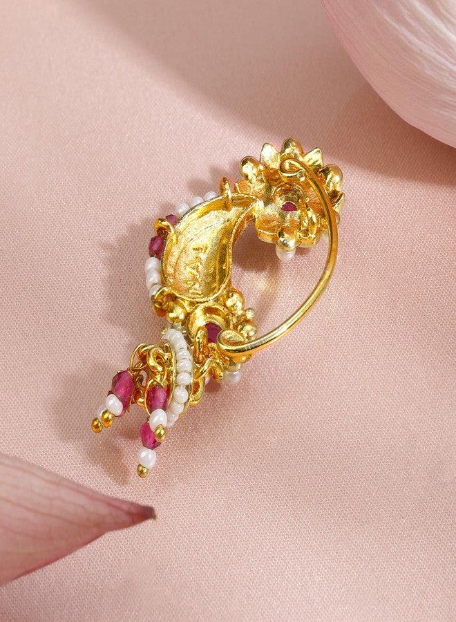 Rubans 18K Gold-Plated Floral Enamelled Green & Ruby Pink Stone Studded Nath Nose Pin with Pearl Detailing Perfect for Bridal & Traditional Looks - Image 5