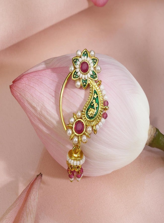 Rubans 18K Gold-Plated Floral Enamelled Green & Ruby Pink Stone Studded Nath Nose Pin with Pearl Detailing Perfect for Bridal & Traditional Looks - Image 3