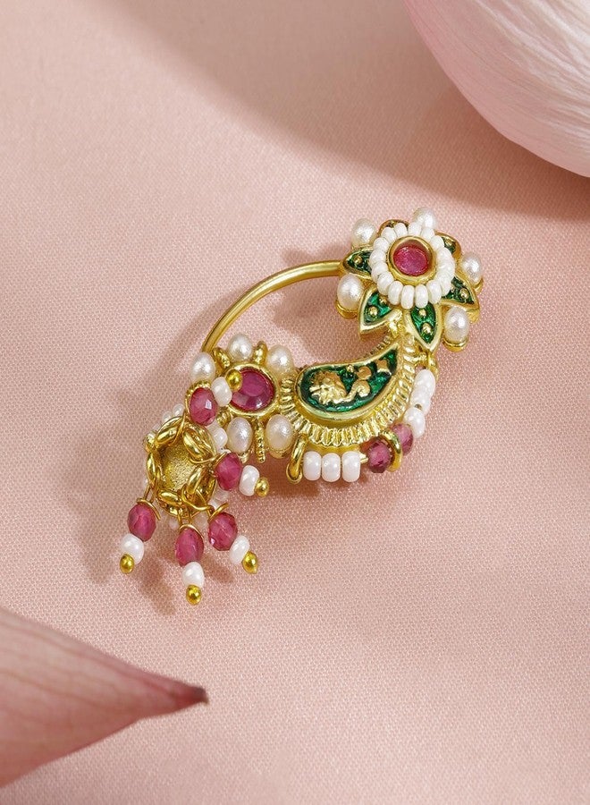Rubans 18K Gold-Plated Floral Enamelled Green & Ruby Pink Stone Studded Nath Nose Pin with Pearl Detailing Perfect for Bridal & Traditional Looks - Image 4