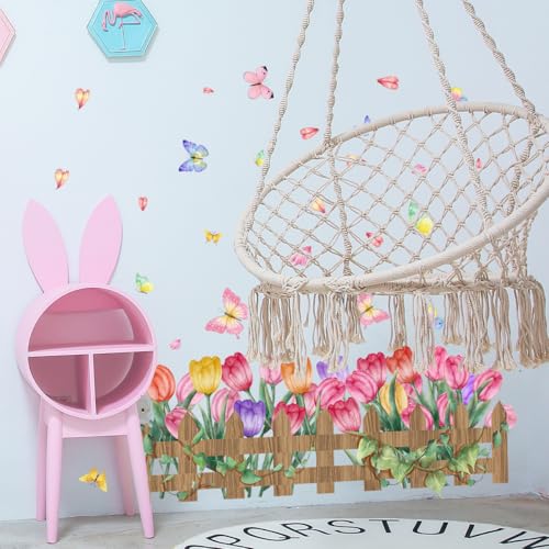 Incholl 2 Pieces Tulips Wall Decals Vinyl Flowers Wall Stickers Removable Floral Art Murals Peel and Stick Colorful Tulips Fence Butterfly Decor for Girls Bedroom Living Room Nursery - Image 4