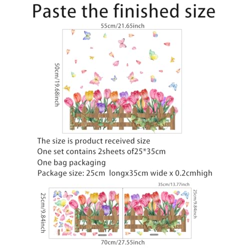 Incholl 2 Pieces Tulips Wall Decals Vinyl Flowers Wall Stickers Removable Floral Art Murals Peel and Stick Colorful Tulips Fence Butterfly Decor for Girls Bedroom Living Room Nursery - Image 2
