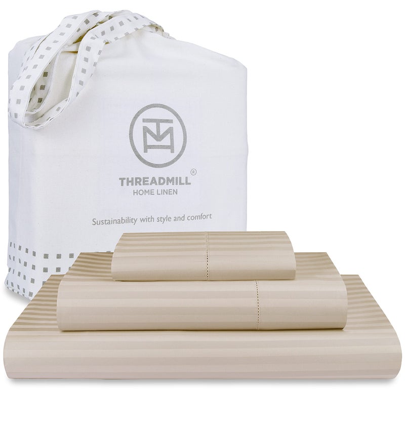 Threadmill 100 Cotton Sheets for Queen Size Bed 600 Thread Count Queen Bed Sheets Set with 16 Deep Pocket Damask Stripe Sateen Weave 4Piece Bedding Set with Cooling Effect Beige