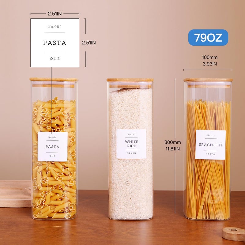 CZZGSM 3 Pack Square Kitchen Storage Jars with Airtight Bamboo Lids and 132 Pantry Labels - 80oz Glass Canisters with Wood Lids - Food Storage Containers for Spaghetti, Pasta, Fettuccine - Image 4