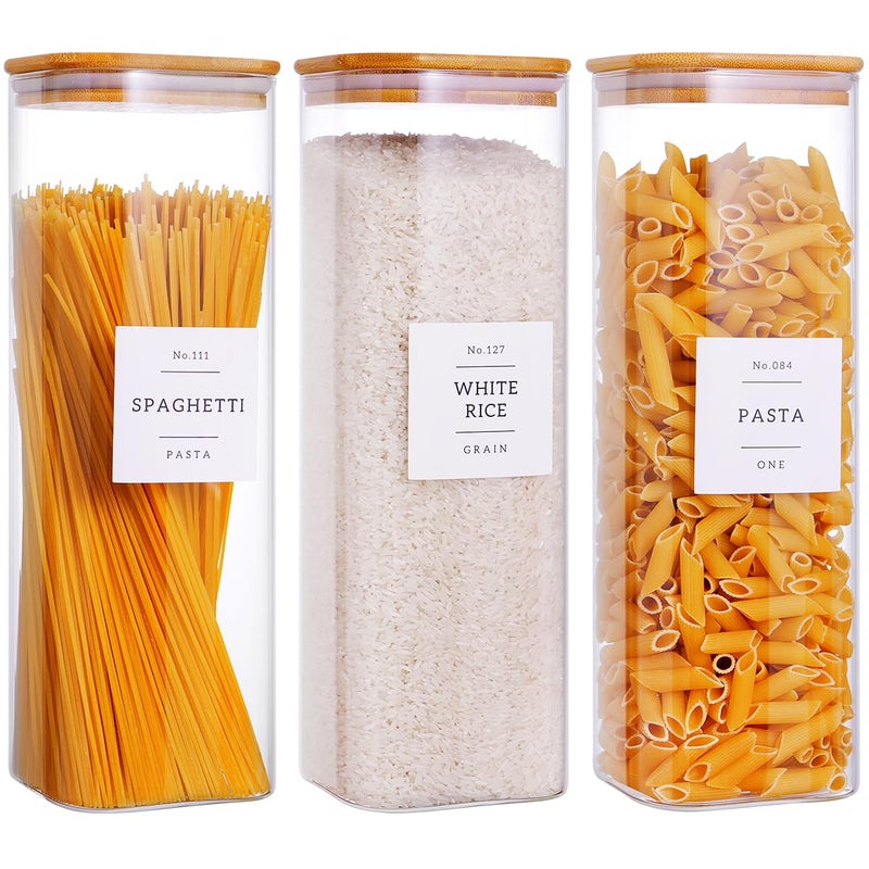 CZZGSM 3 Pack Square Kitchen Storage Jars with Airtight Bamboo Lids and 132 Pantry Labels - 80oz Glass Canisters with Wood Lids - Food Storage Containers for Spaghetti, Pasta, Fettuccine - Image 1