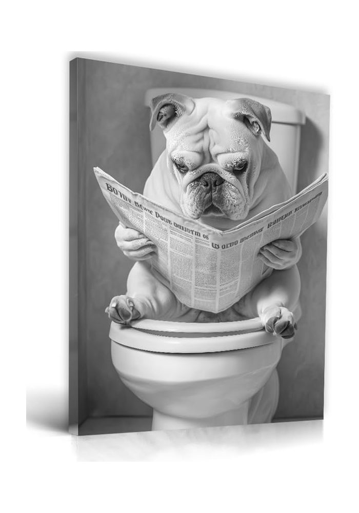 UPWOIGH Bathroom Wall Art, Black and White French Bulldog Dog Reading the Newspaper Wall Decor - Image 1
