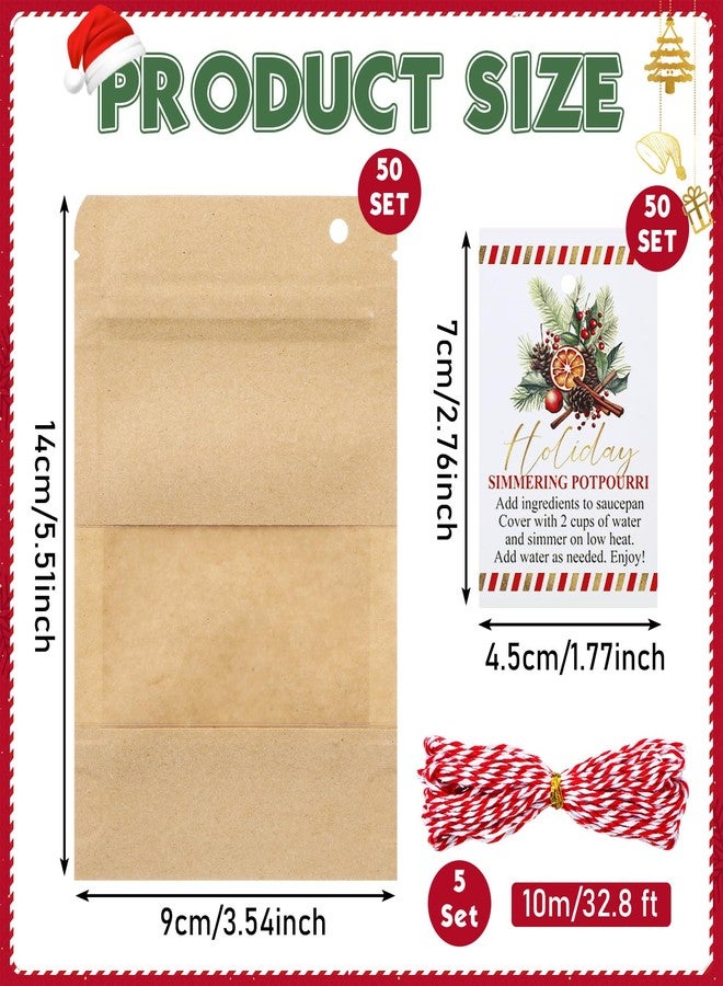 Marspark 50 Sets Christmas Potpourri Stand Pouches, Kraft Paper Bags with Matte Window, Simmering Potpourri Instruction Cards for Small Business Home Use Xmas Party Gift Decor (3.5 x 5.5 Inches) - Image 2