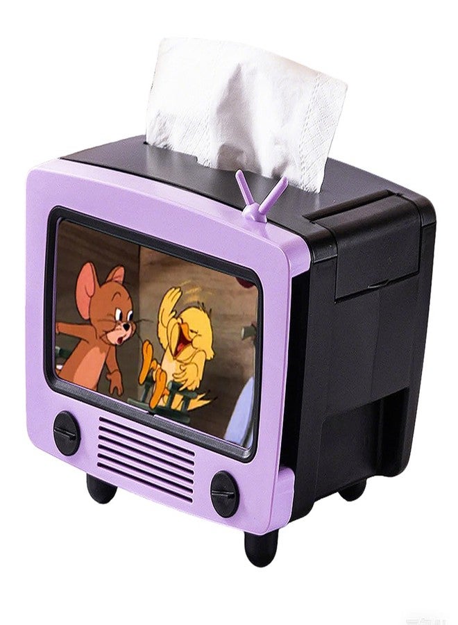 LSLANSOON Tissue Box Holder with Cell Phone Slot, Retro TV Shaped Tissue Case and Cellphone Holder Cellphone Stand, Versatile Tissue Dispenser Cover for Living Room, Kitchen, Bedroom, Bathroom (Ube Purple) - Image 1