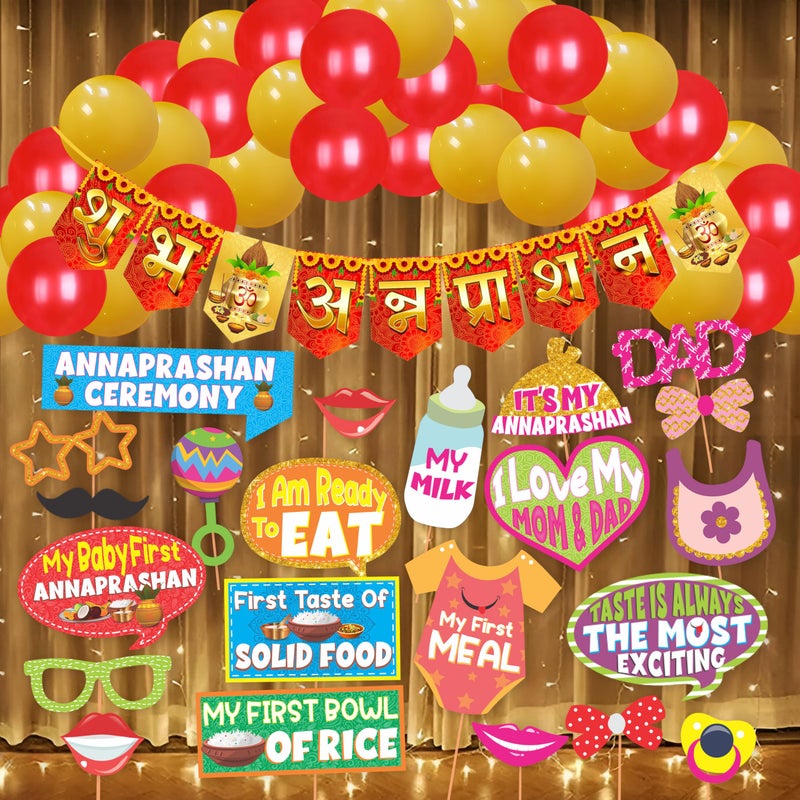 Wobbox Shubh Annaprashan Decoration Items Set which Includes Baby annaprashan Ceremony Props, Subh Annaprashan Banner, Rice Light Decoration, Rice Ceremony Decorations Items(55 Pcs Set)(FP5729) - Image 1