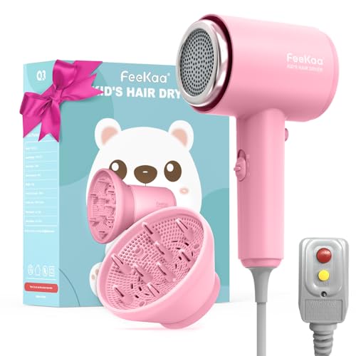 Feekaa Kids Hair Dryer, Portable Mini Blow Dryer with Diffuser, Quiet Small Hair Dryer for Children, Compact Kids Hairdryer with DIY Stickers Lightweight, Boy & Girl Birthday Gift, Pink - Image 1