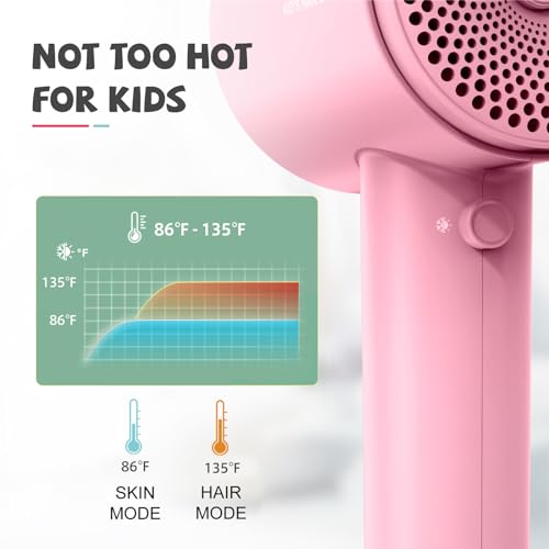 Feekaa Kids Hair Dryer, Portable Mini Blow Dryer with Diffuser, Quiet Small Hair Dryer for Children, Compact Kids Hairdryer with DIY Stickers Lightweight, Boy & Girl Birthday Gift, Pink - Image 2