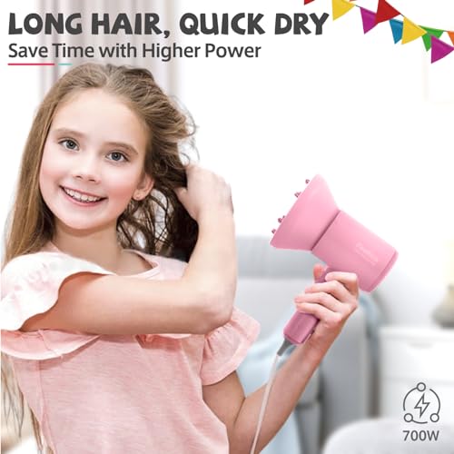 Feekaa Kids Hair Dryer, Portable Mini Blow Dryer with Diffuser, Quiet Small Hair Dryer for Children, Compact Kids Hairdryer with DIY Stickers Lightweight, Boy & Girl Birthday Gift, Pink - Image 4