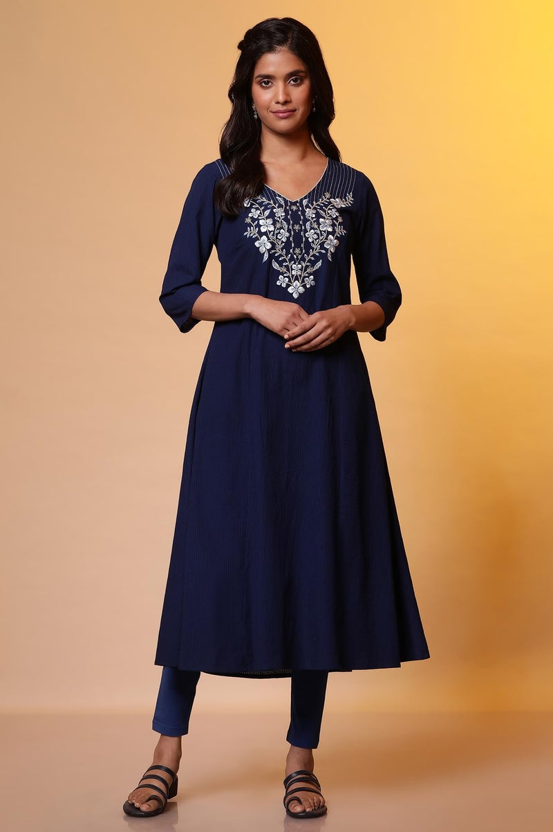 Aurelia Women's Cotton Striped Regular Kurta (24FEA15037_Blue - Image 2