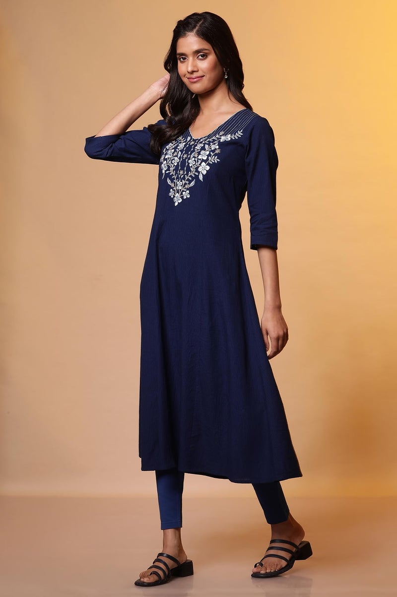 Aurelia Women's Cotton Striped Regular Kurta (24FEA15037_Blue - Image 3