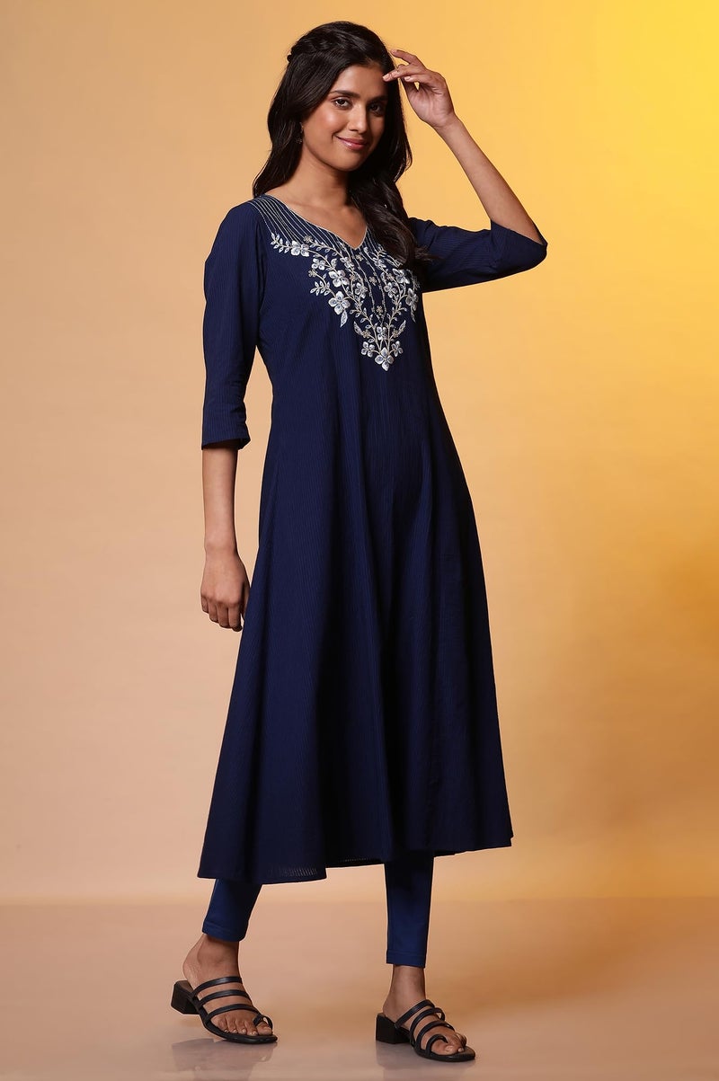 Aurelia Women's Cotton Striped Regular Kurta (24FEA15037_Blue - Image 5