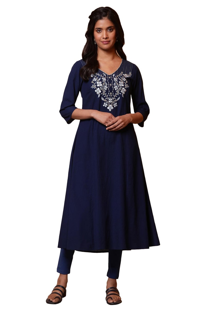 Aurelia Women's Cotton Striped Regular Kurta (24FEA15037_Blue - Image 1