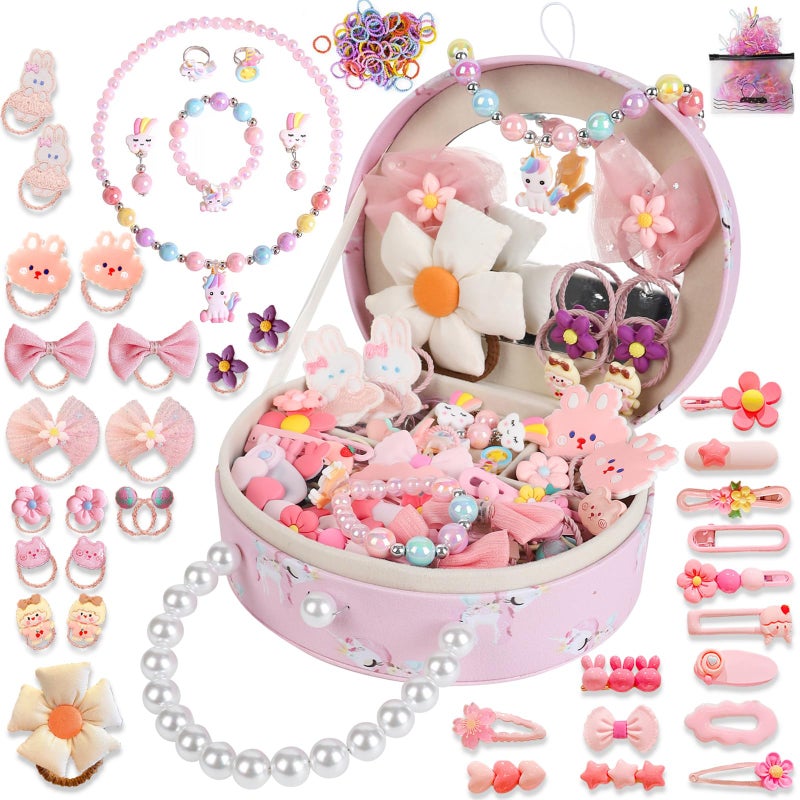velachuan Princess Jewelry Box for Girls with Hair Accessories,Girls Hair Clips Bows Set, Fashion Hair Styling Kit with Mirror,Pink Sparkle Trinket Box Includes Hair Clips (Flower) - Image 1