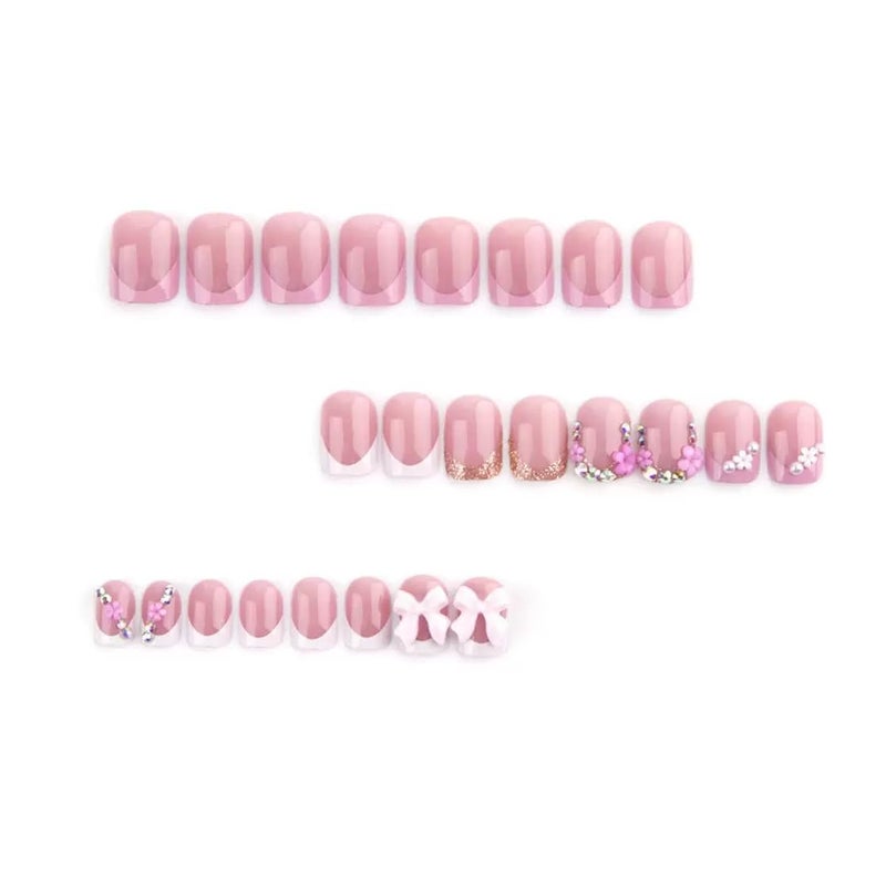 SPNBCQ Press on Nails Square Fake Nails Short with 3D Bow Flower Charms Design Glossy Glue on, Full Cover Stick on False Nails for Women 24Pcs - Image 2