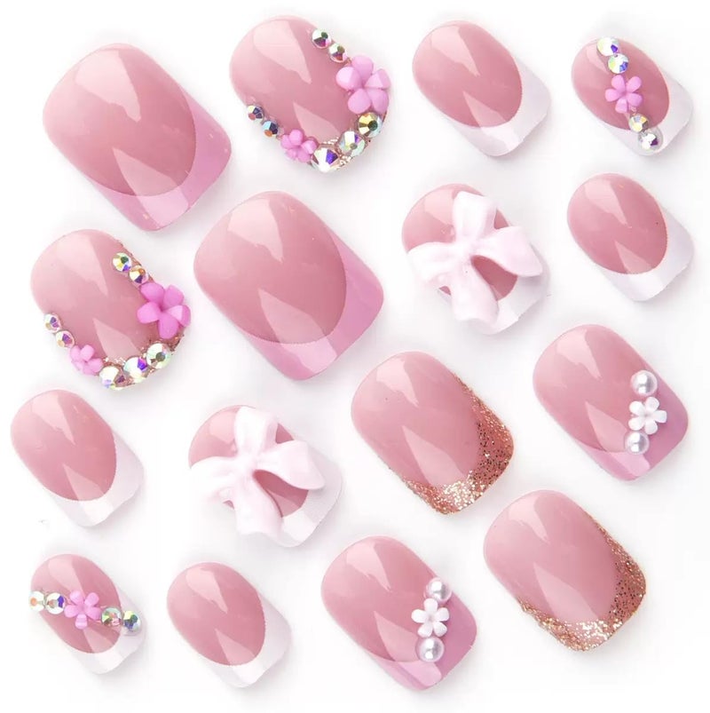 SPNBCQ Press on Nails Square Fake Nails Short with 3D Bow Flower Charms Design Glossy Glue on, Full Cover Stick on False Nails for Women 24Pcs - Image 3