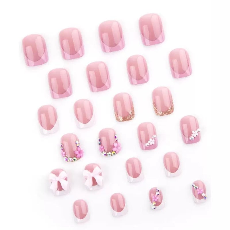 SPNBCQ Press on Nails Square Fake Nails Short with 3D Bow Flower Charms Design Glossy Glue on, Full Cover Stick on False Nails for Women 24Pcs - Image 4