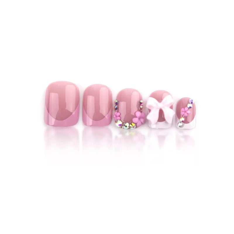 SPNBCQ Press on Nails Square Fake Nails Short with 3D Bow Flower Charms Design Glossy Glue on, Full Cover Stick on False Nails for Women 24Pcs - Image 5