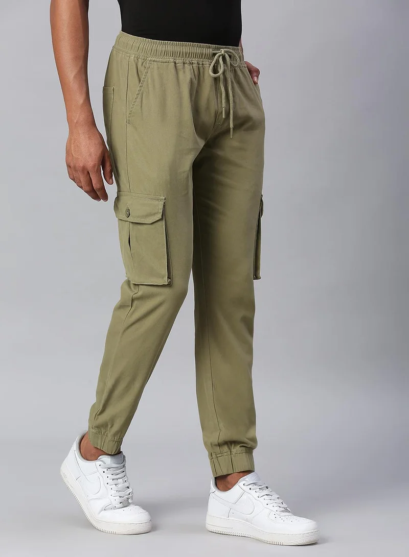 Dennis Lingo Men's Light Olive Cotton Lycra Solid Full Length Cargo Jogger Slim Trouser