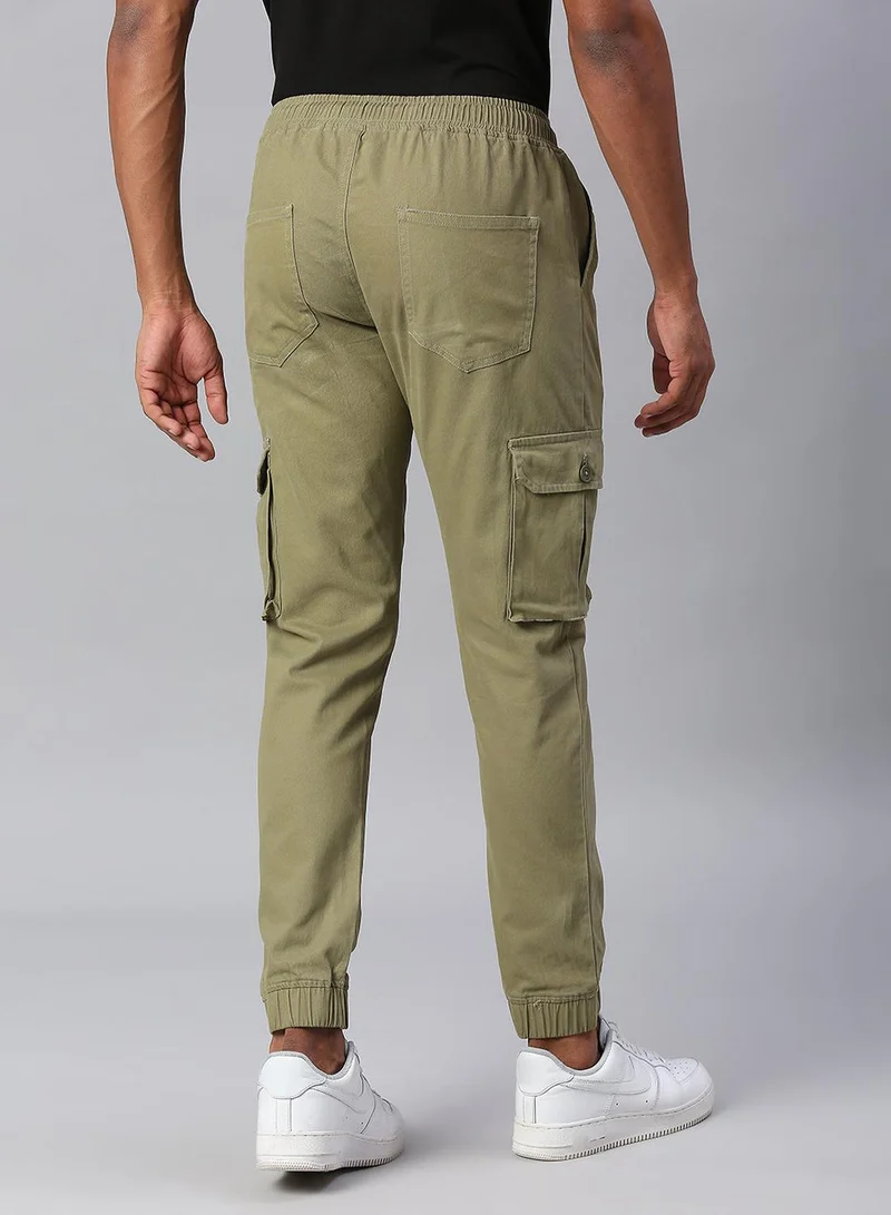 Dennis Lingo Men's Light Olive Cotton Lycra Solid Full Length Cargo Jogger Slim Trouser