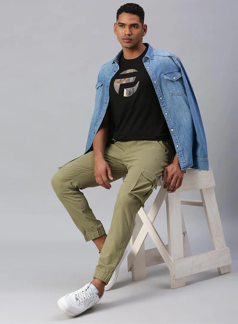 Dennis Lingo Men's Light Olive Cotton Lycra Solid Full Length Cargo Jogger Slim Trouser