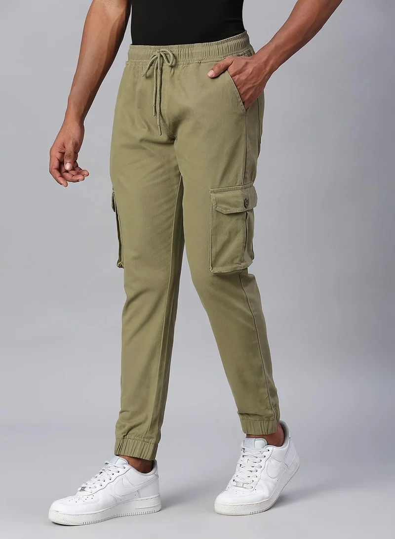 Dennis Lingo Men's Light Olive Cotton Lycra Solid Full Length Cargo Jogger Slim Trouser