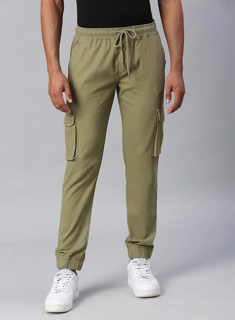 Dennis Lingo Men's Light Olive Cotton Lycra Solid Full Length Cargo Jogger Slim Trouser