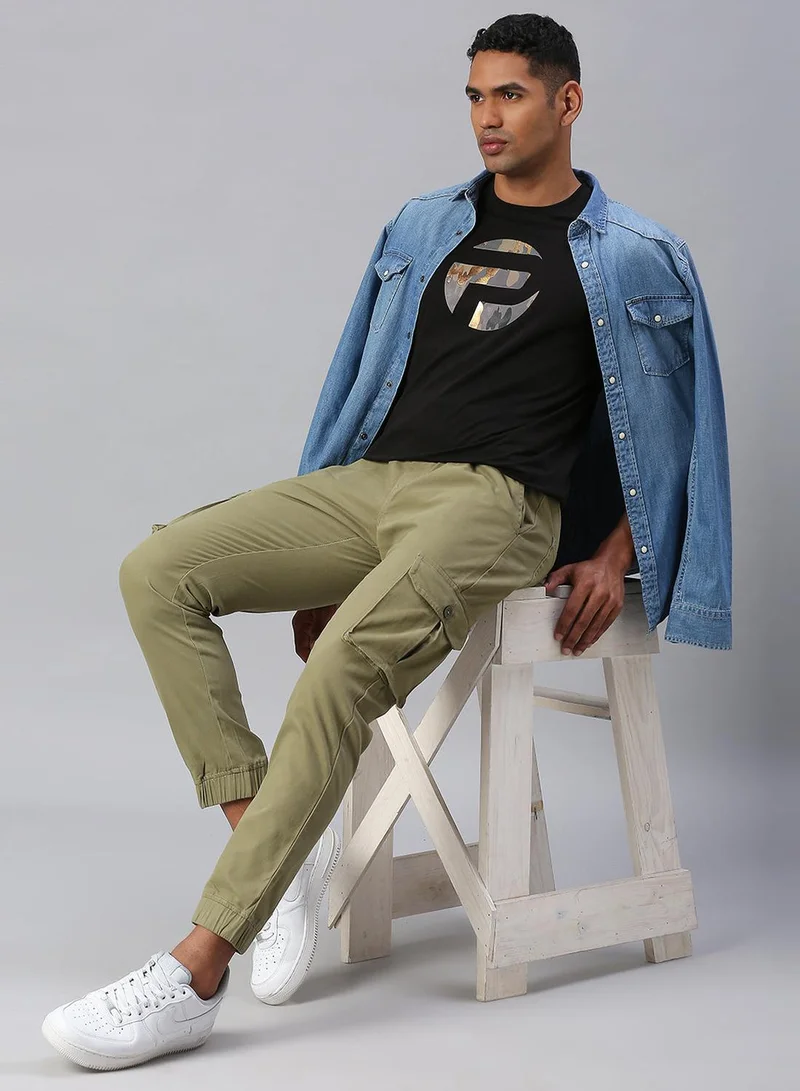 Dennis Lingo Men's Light Olive Cotton Lycra Solid Full Length Cargo Jogger Slim Trouser