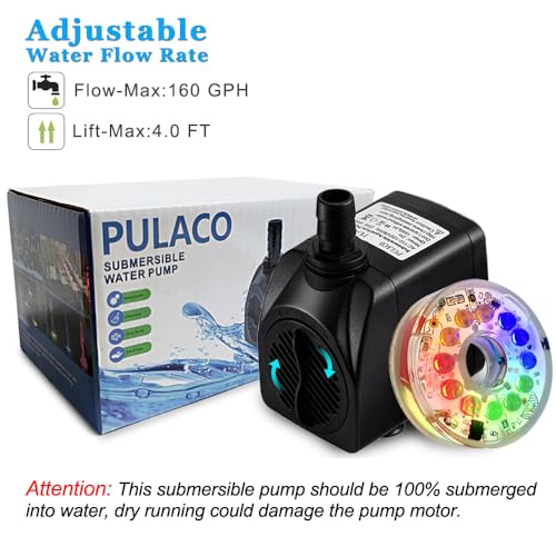 PULACO 10Watt 160GPH Submersible Fountain Pump with Automatic Color Changing LED Light and flow regulator for Water Feature, Outdoor Pond, Aquarium fish tanks - Image 2