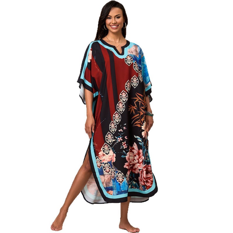 Women's Ethnic Print Long Beach Cover Up Loose Kaftan Dress with Sun Protection - Image 3