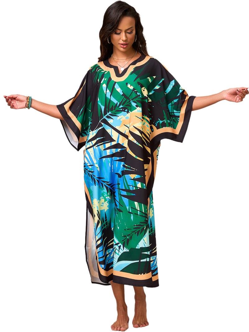 Women's Ethnic Print Long Beach Cover Up Loose Kaftan Dress with Sun Protection - Image 1