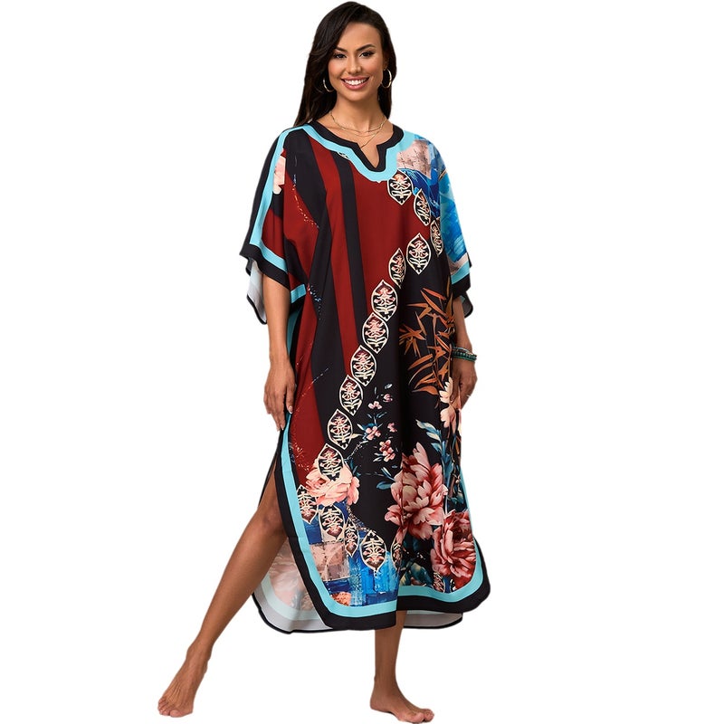 Women's Ethnic Print Long Beach Cover Up Loose Kaftan Dress with Sun Protection - Image 2