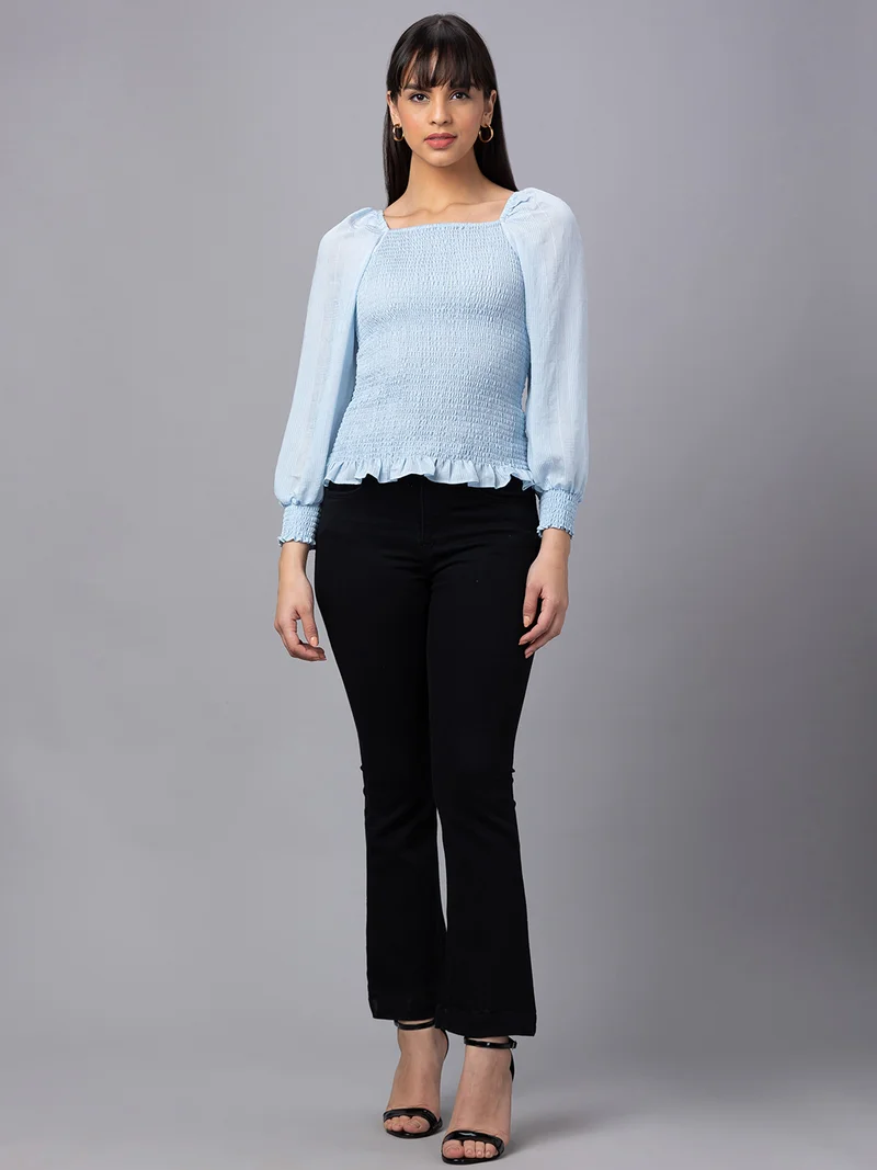 جلو باص Women Blue Self Design Square Neck Fitted Top