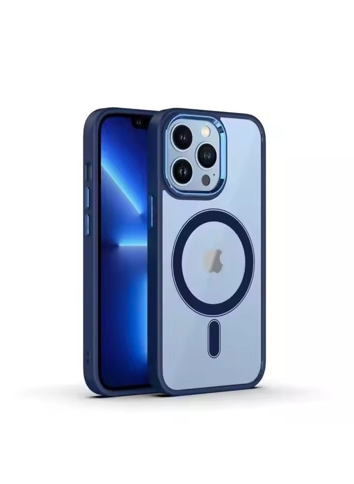 حافظة ايفون  14 برو شفاف باطراف ملونة باللون الأزرق الداكن, تدعم الشحن اللاسلكي, مقاوم للخدش والاصفرار، حماية من السقوط