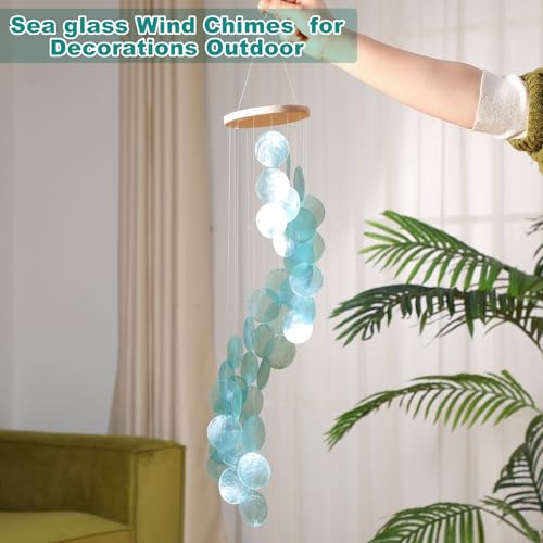 Wenqik Sea Glass Shell Wind Chimes for Outside Seaglass Capiz Windchime Spiral Wind Chimes for Women Christmas Holiday Summer Beach Gift Indoor Outdoor Home Housewarming Garden Decor(Blue) - Image 3