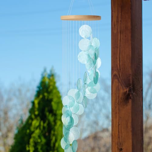 Wenqik Sea Glass Shell Wind Chimes for Outside Seaglass Capiz Windchime Spiral Wind Chimes for Women Christmas Holiday Summer Beach Gift Indoor Outdoor Home Housewarming Garden Decor(Blue) - Image 4